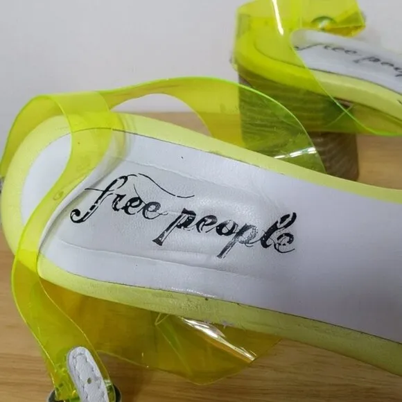 Free People Neon Yellow Transparent Sandals Heels Shoes Square Toe