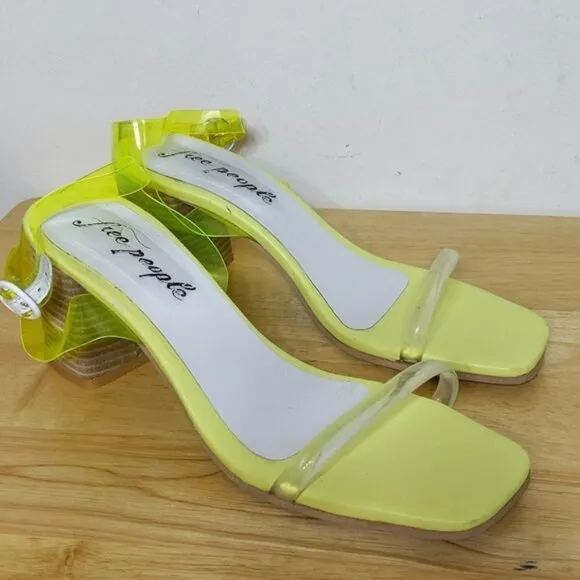 Free People Neon Yellow Transparent Sandals Heels Shoes Square Toe
