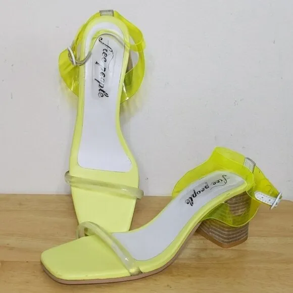 Free People Neon Yellow Transparent Sandals Heels Shoes Square Toe