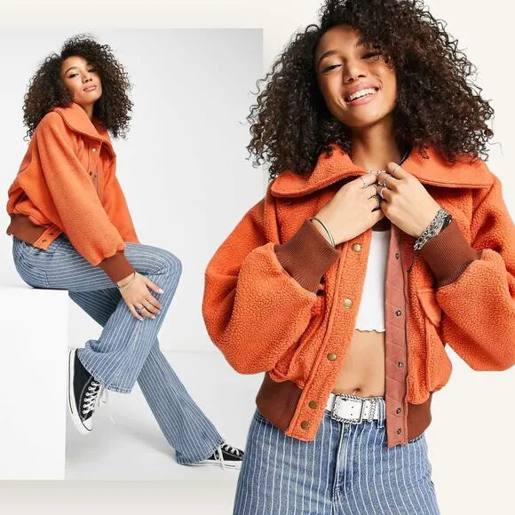 FREE PEOPLE Shasta Cardi Bomber Jacket Snap Closure Sherpa Orange Large Sporty
