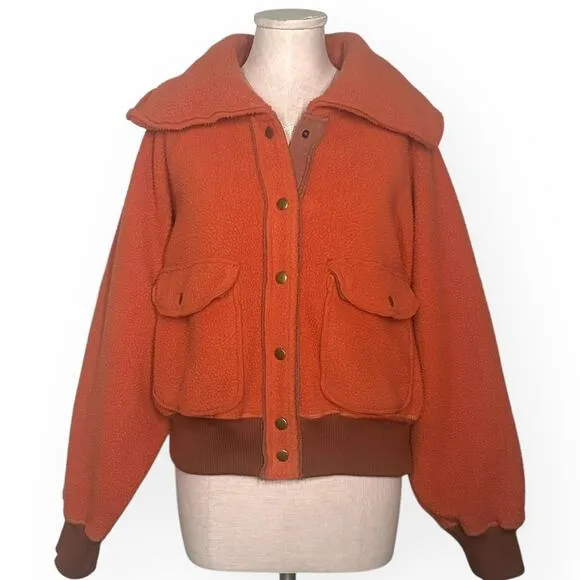FREE PEOPLE Shasta Cardi Bomber Jacket Snap Closure Sherpa Orange Large Sporty