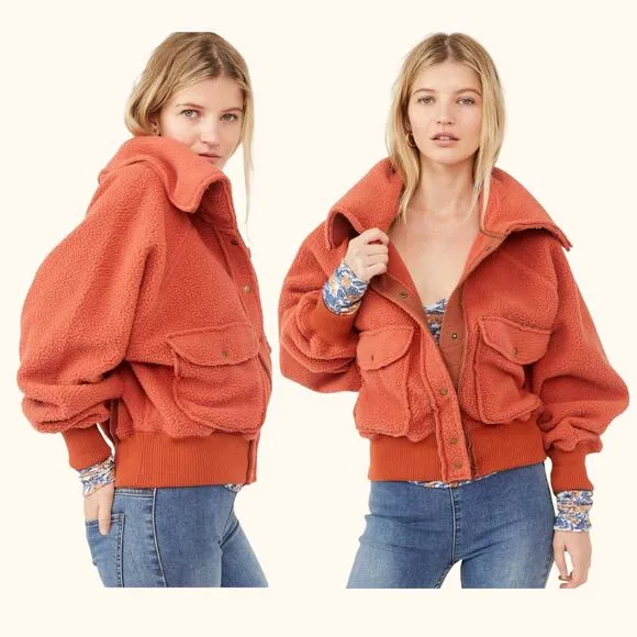 FREE PEOPLE Shasta Cardi Bomber Jacket Snap Closure Sherpa Orange Large Sporty