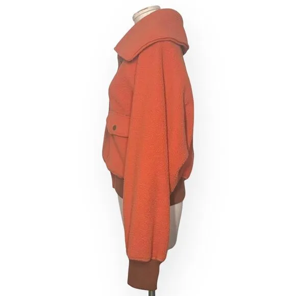 FREE PEOPLE Shasta Cardi Bomber Jacket Snap Closure Sherpa Orange Large Sporty
