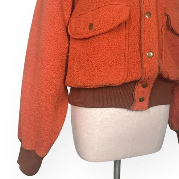 FREE PEOPLE Shasta Cardi Bomber Jacket Snap Closure Sherpa Orange Large Sporty