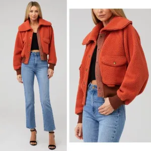FREE PEOPLE Shasta Cardi Bomber Jacket Snap Closure Sherpa Orange Large Sporty