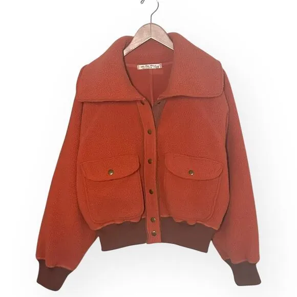 FREE PEOPLE Shasta Cardi Bomber Jacket Snap Closure Sherpa Orange Large Sporty