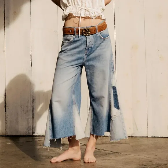 Free People We The Free People Ripple Patchwork Wide Leg Kick Flare Cropped Jean