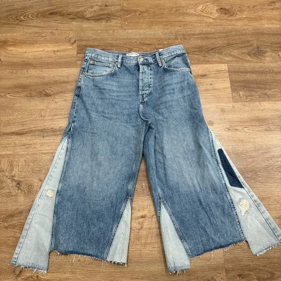 Free People We The Free People Ripple Patchwork Wide Leg Kick Flare Cropped Jean