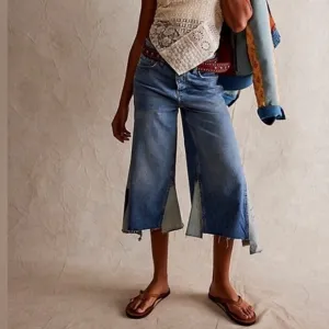 Free People We The Free People Ripple Patchwork Wide Leg Kick Flare Cropped Jean