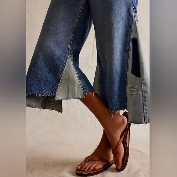 Free People We The Free People Ripple Patchwork Wide Leg Kick Flare Cropped Jean