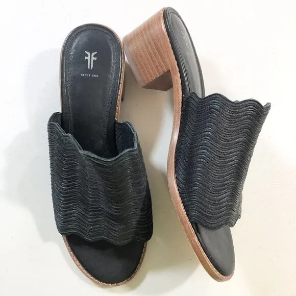 Frye Cindy Wave Mule Wedge Sandals Black Leather Women's Size 6 EUC
