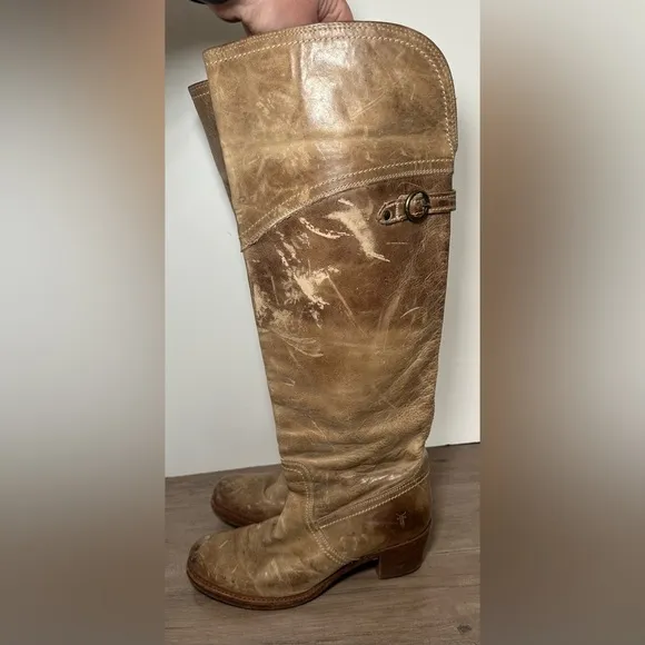 Frye Jane Leather OTK Boots Women Size 8.5B Distressed 77594 Taupe Stacked Heel