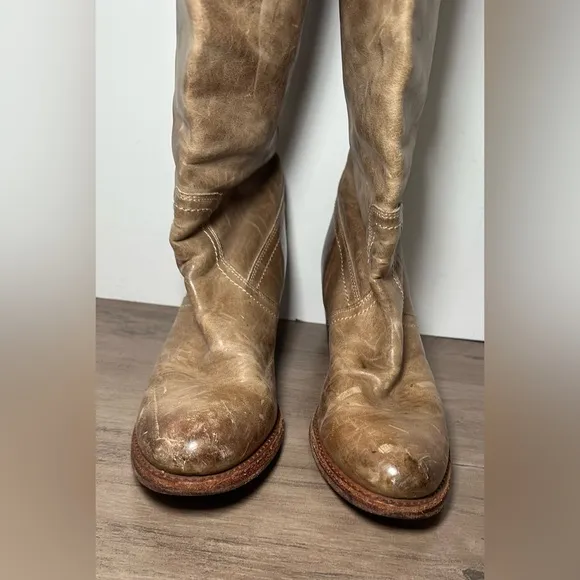 Frye Jane Leather OTK Boots Women Size 8.5B Distressed 77594 Taupe Stacked Heel