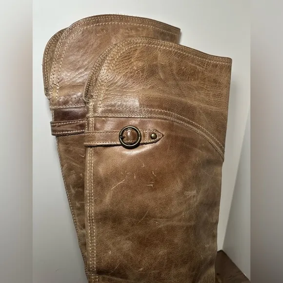 Frye Jane Leather OTK Boots Women Size 8.5B Distressed 77594 Taupe Stacked Heel