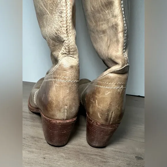 Frye Jane Leather OTK Boots Women Size 8.5B Distressed 77594 Taupe Stacked Heel