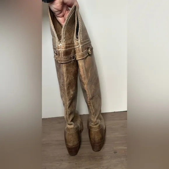 Frye Jane Leather OTK Boots Women Size 8.5B Distressed 77594 Taupe Stacked Heel