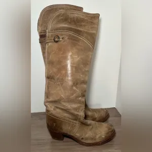 Frye Jane Leather OTK Boots Women Size 8.5B Distressed 77594 Taupe Stacked Heel