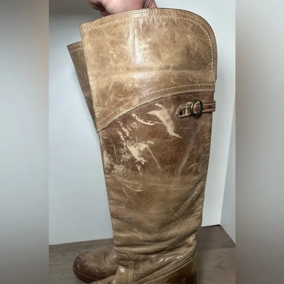 Frye Jane Leather OTK Boots Women Size 8.5B Distressed 77594 Taupe Stacked Heel
