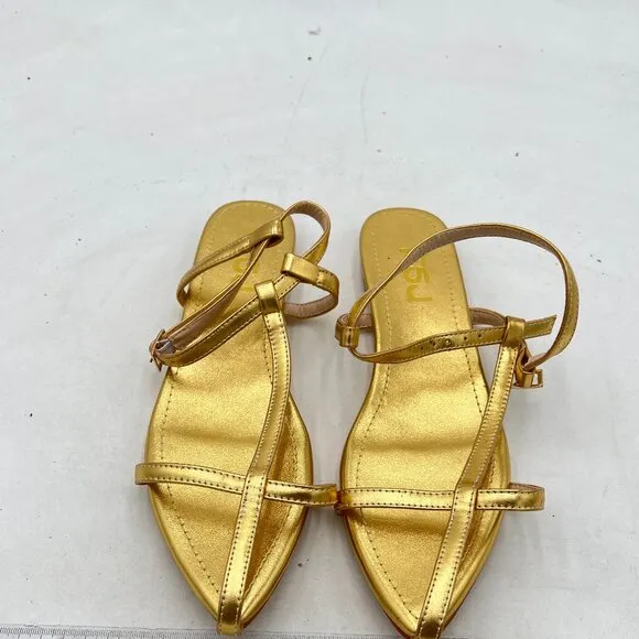 FSJ Gold Metallic Pointed Toe T-Strap Flat Summer Sandals for Women