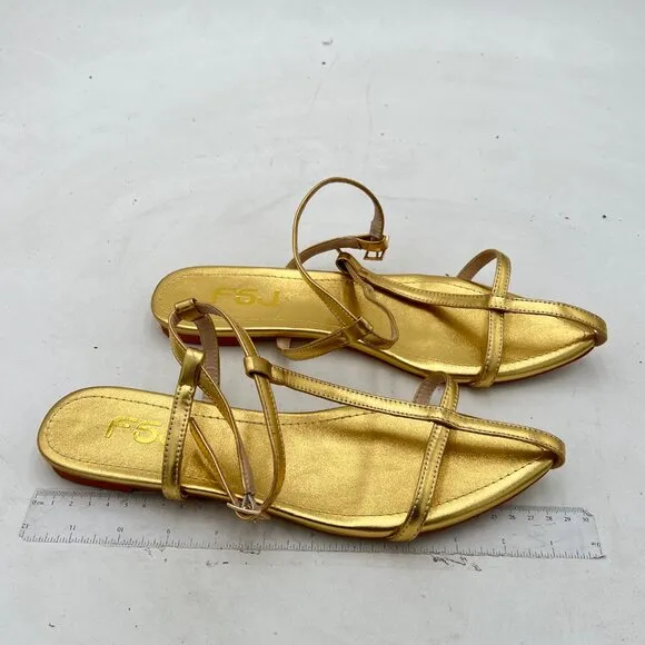 FSJ Gold Metallic Pointed Toe T-Strap Flat Summer Sandals for Women