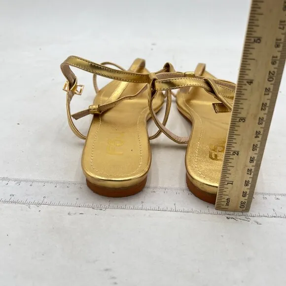FSJ Gold Metallic Pointed Toe T-Strap Flat Summer Sandals for Women