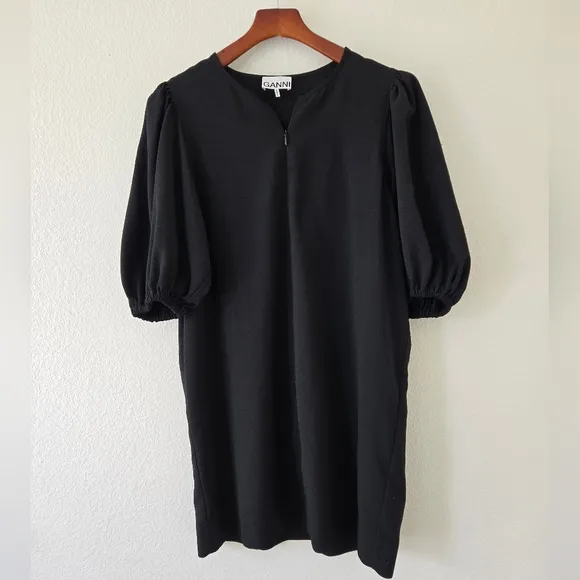 GANNI Women's Puff Sleeve in Heavy Crepe Shift Dress in Black Size EU 40 or US 8