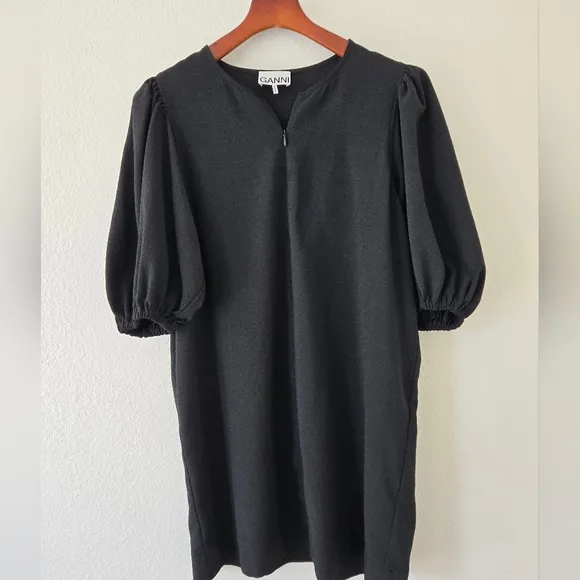GANNI Women's Puff Sleeve in Heavy Crepe Shift Dress in Black Size EU 40 or US 8