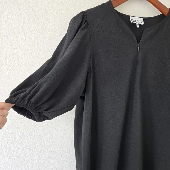 GANNI Women's Puff Sleeve in Heavy Crepe Shift Dress in Black Size EU 40 or US 8