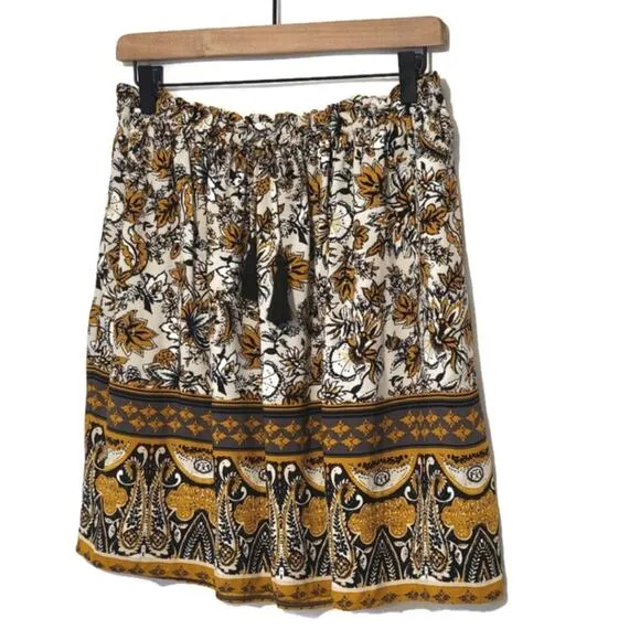 Garnet Hill Essential Floral Paperbag Elastic Waist Black Gold Mini Skirt Size S