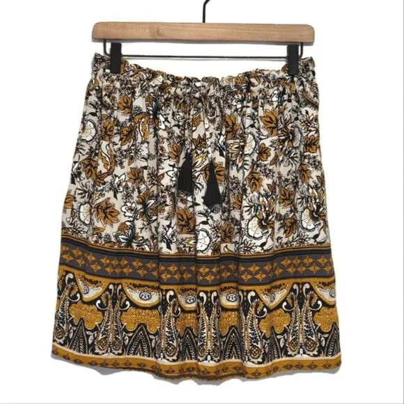 Garnet Hill Essential Floral Paperbag Elastic Waist Black Gold Mini Skirt Size S