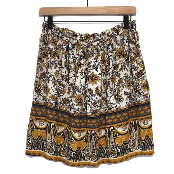 Garnet Hill Essential Floral Paperbag Elastic Waist Black Gold Mini Skirt Size S