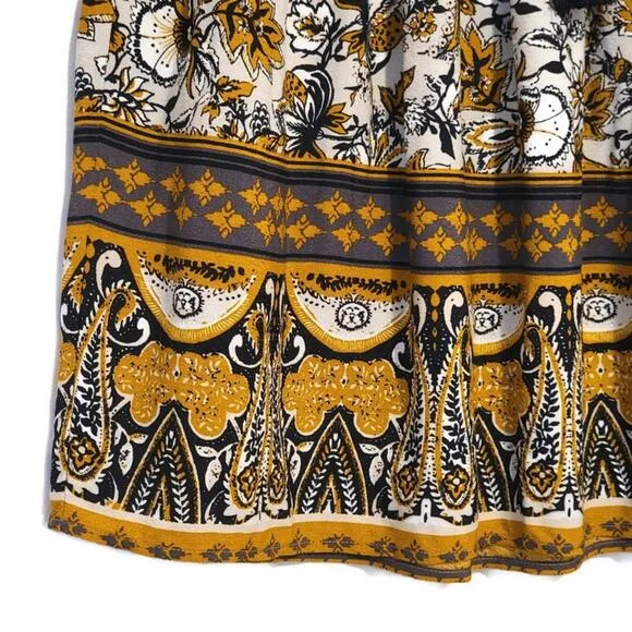 Garnet Hill Essential Floral Paperbag Elastic Waist Black Gold Mini Skirt Size S
