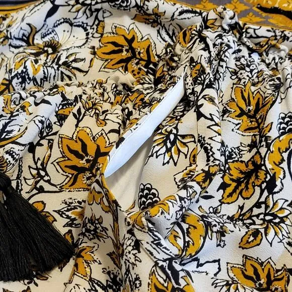 Garnet Hill Essential Floral Paperbag Elastic Waist Black Gold Mini Skirt Size S