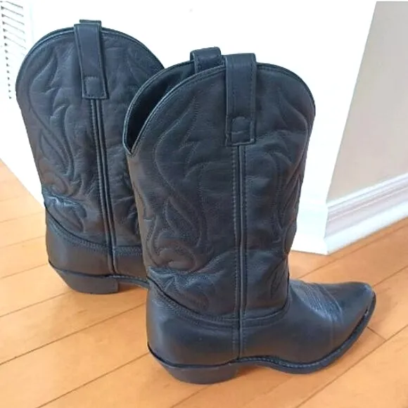 Genuine Leather Cowboy Boots Metal Toe Tip Point Oil Resistant Men's 10.5 Black