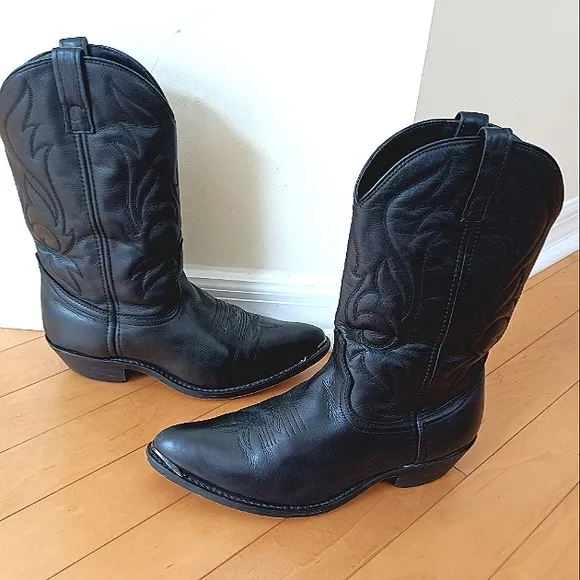 Genuine Leather Cowboy Boots Metal Toe Tip Point Oil Resistant Men's 10.5 Black
