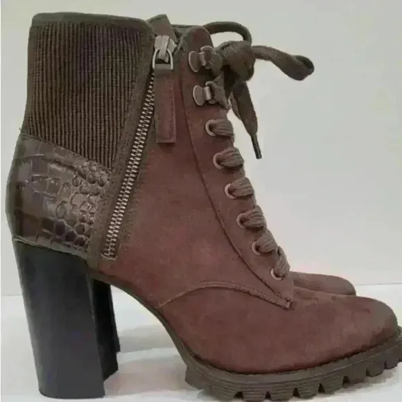 Gibson Latimer Felisa Dark Brown Cow Leather/Fabric Combat Heeled Boot Size 8