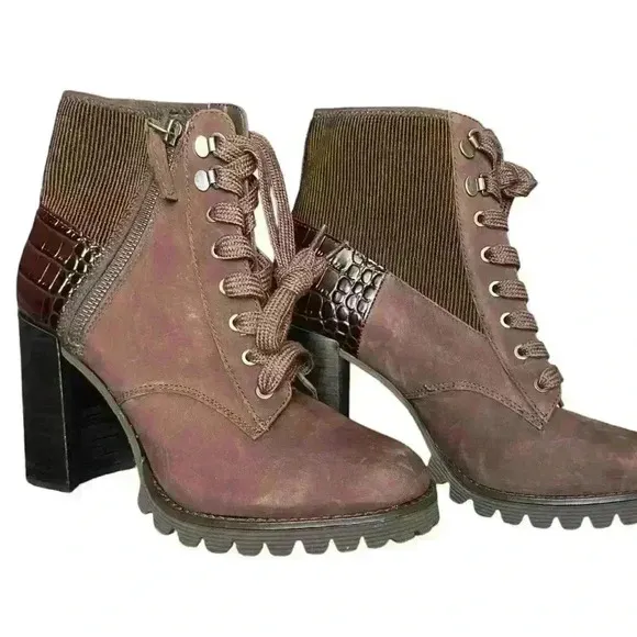 Gibson Latimer Felisa Dark Brown Cow Leather/Fabric Combat Heeled Boot Size 8