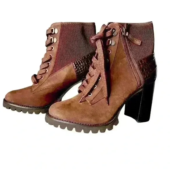 Gibson Latimer Felisa Dark Brown Cow Leather/Fabric Combat Heeled Boot Size 8