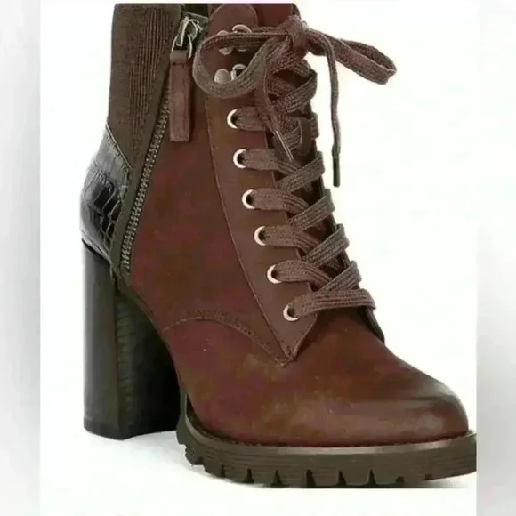 Gibson Latimer Felisa Dark Brown Cow Leather/Fabric Combat Heeled Boot Size 8