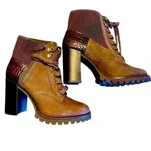 Gibson Latimer Felisa Dark Brown Cow Leather/Fabric Combat Heeled Boot Size 8