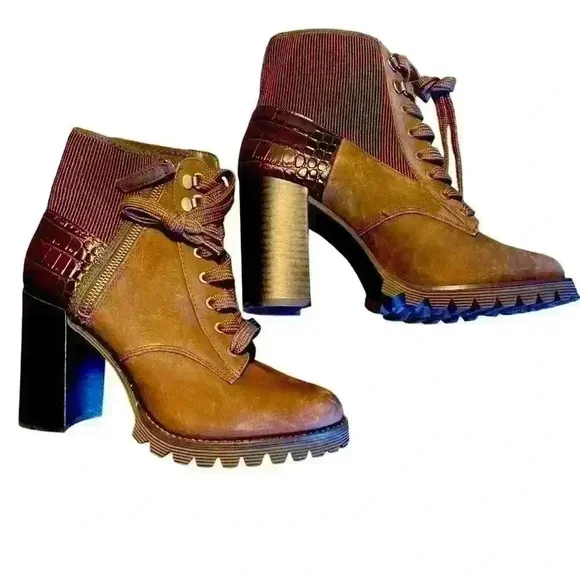 Gibson Latimer Felisa Dark Brown Cow Leather/Fabric Combat Heeled Boot Size 8
