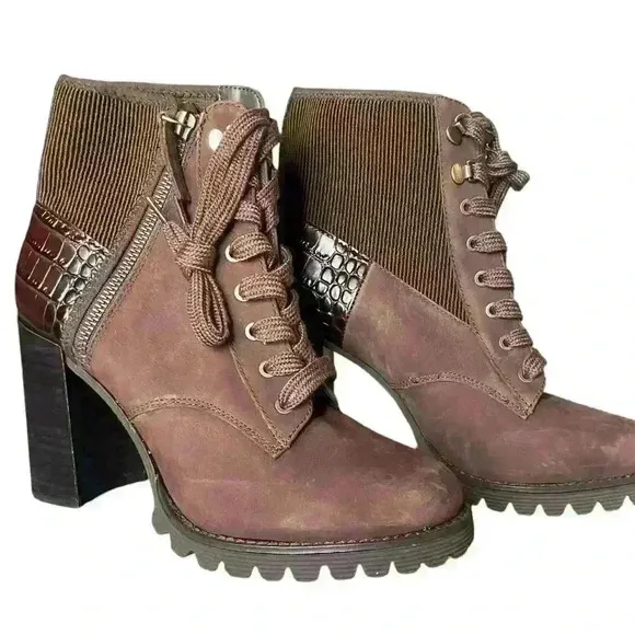 Gibson Latimer Felisa Dark Brown Cow Leather/Fabric Combat Heeled Boot Size 8