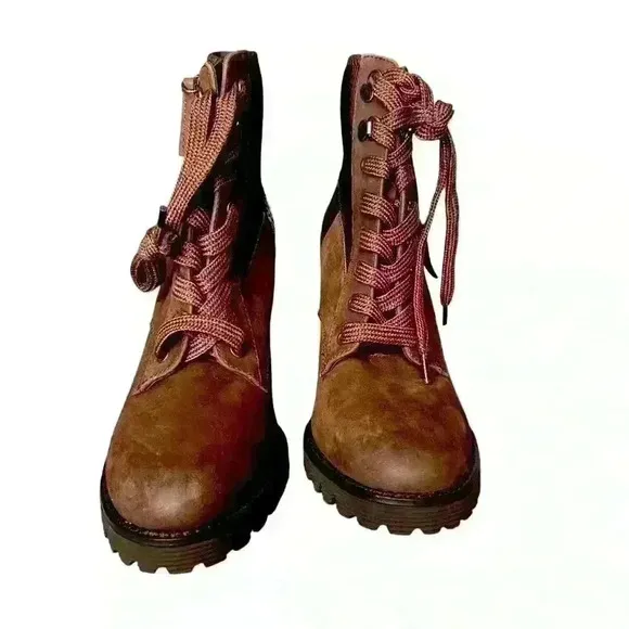 Gibson Latimer Felisa Dark Brown Cow Leather/Fabric Combat Heeled Boot Size 8
