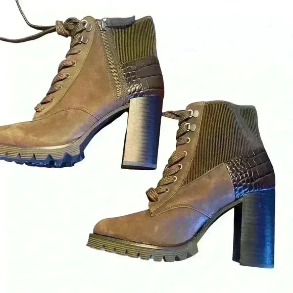Gibson Latimer Felisa Dark Brown Cow Leather/Fabric Combat Heeled Boot Size 8