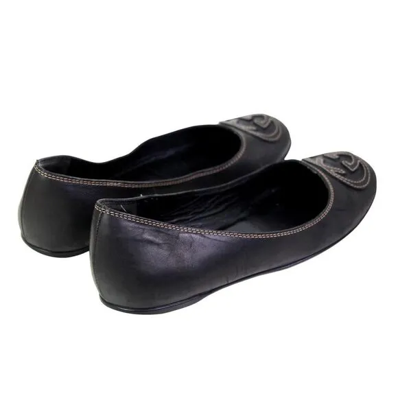 Gucci ITALY BLACK REAL LEATHER LOGO FLAT ROUND TOE BALLET SLIP ON SHOES Size 35G