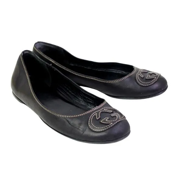 Gucci ITALY BLACK REAL LEATHER LOGO FLAT ROUND TOE BALLET SLIP ON SHOES Size 35G