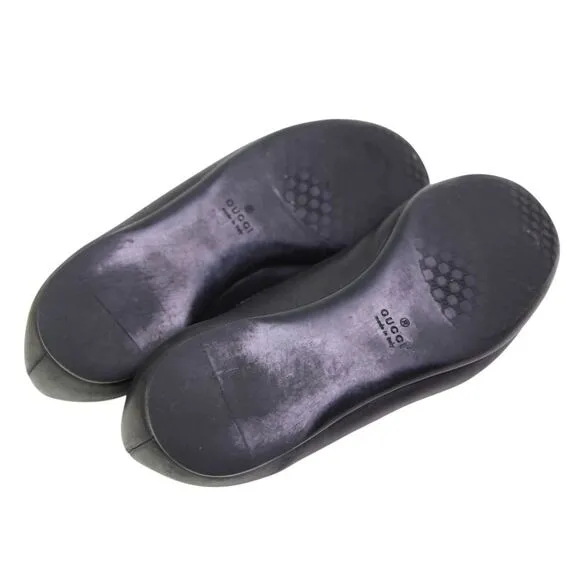 Gucci ITALY BLACK REAL LEATHER LOGO FLAT ROUND TOE BALLET SLIP ON SHOES Size 35G