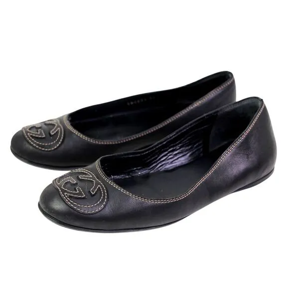 Gucci ITALY BLACK REAL LEATHER LOGO FLAT ROUND TOE BALLET SLIP ON SHOES Size 35G