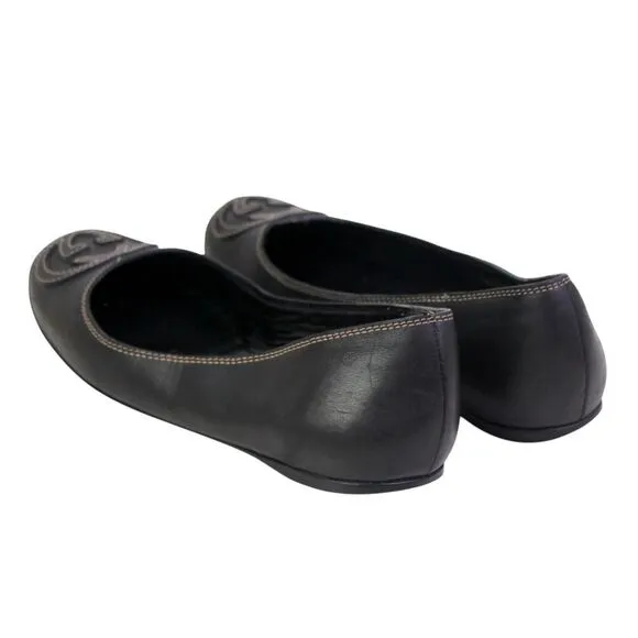 Gucci ITALY BLACK REAL LEATHER LOGO FLAT ROUND TOE BALLET SLIP ON SHOES Size 35G