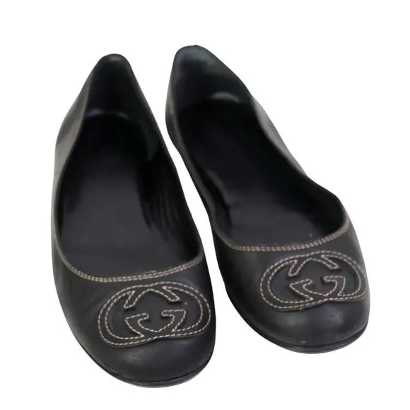 Gucci ITALY BLACK REAL LEATHER LOGO FLAT ROUND TOE BALLET SLIP ON SHOES Size 35G